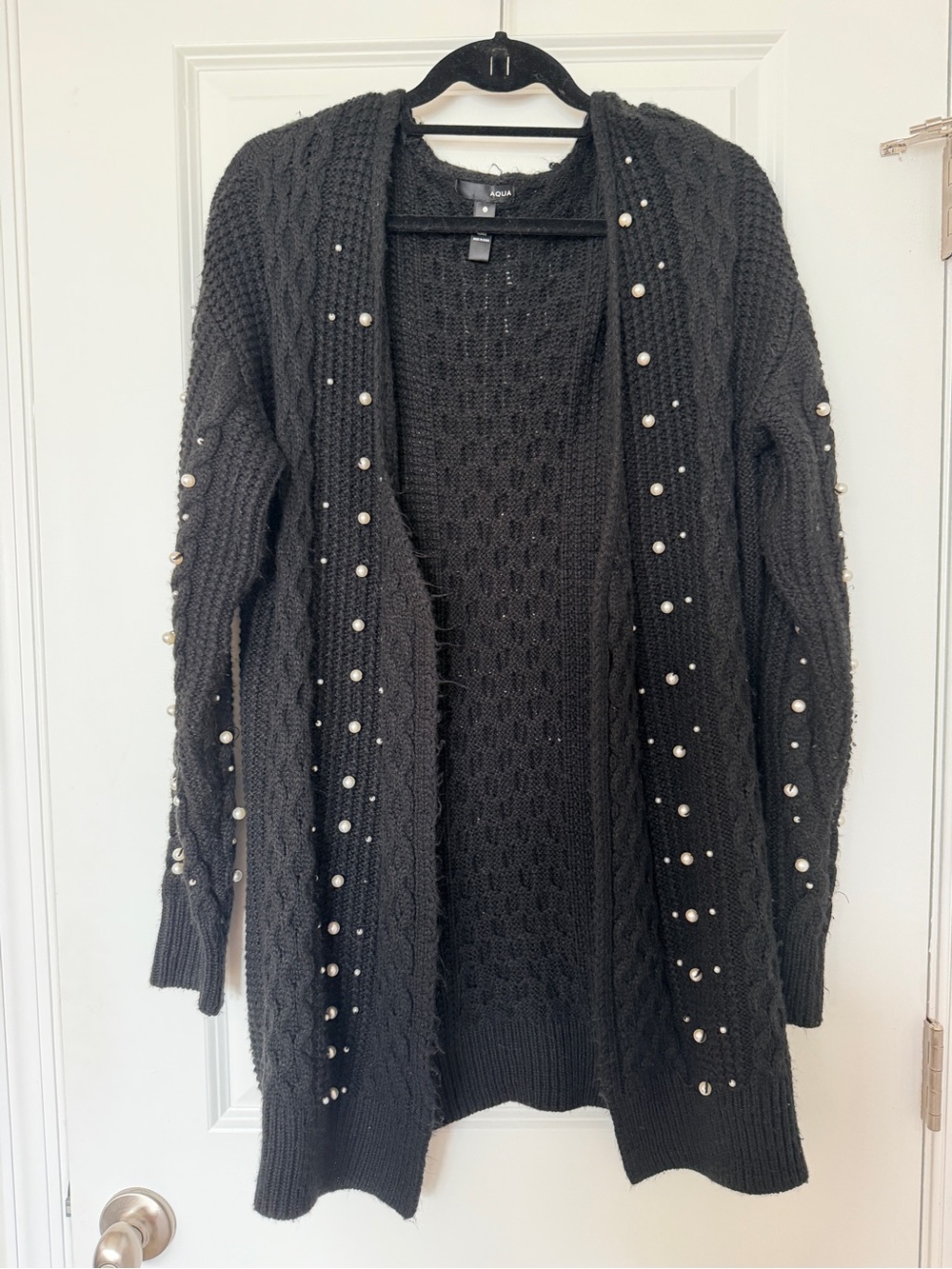Aqua Black Decorative Pearl Women's Cardigan Sweater